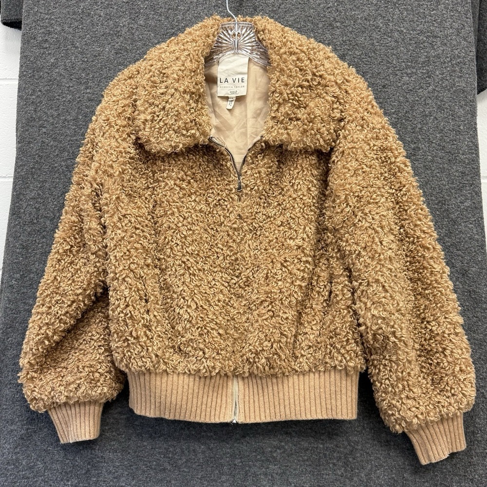 La Vie Rebecca Taylor Faux Fur Wool Blend Zip Collared Jacket Brown Size Large‎